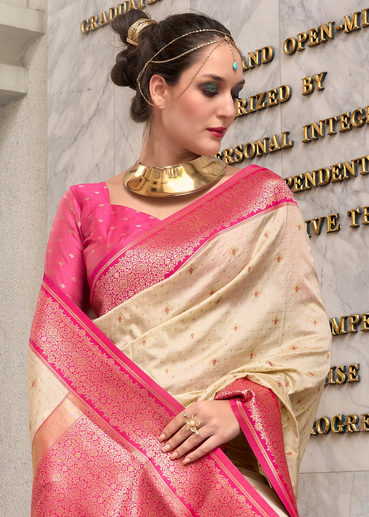 Beige Brown Zari Woven Soft Silk Saree with Contrast Border