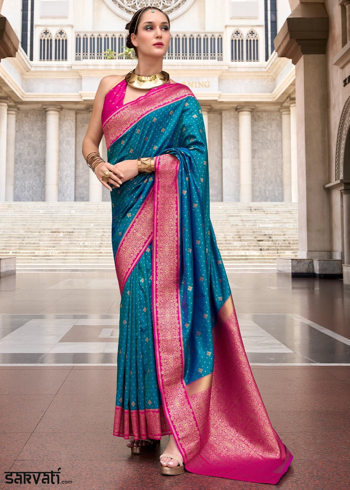 Cobalt Blue Zari Woven Soft Silk Saree with Contrast Border