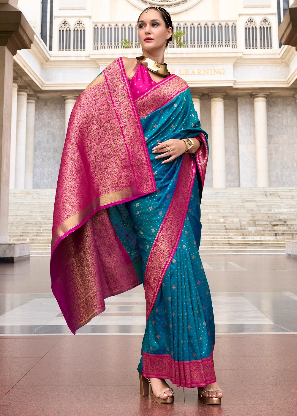 Cobalt Blue Zari Woven Soft Silk Saree with Contrast Border