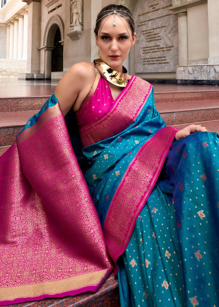 Cobalt Blue Zari Woven Soft Silk Saree with Contrast Border