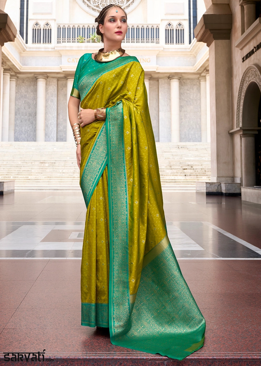 Olive Green Zari Woven Soft Silk Saree with Contrast Border
