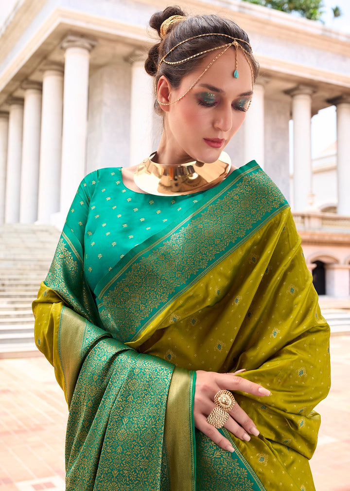 Olive Green Zari Woven Soft Silk Saree with Contrast Border