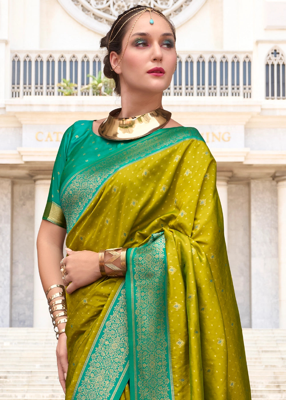 Olive Green Zari Woven Soft Silk Saree with Contrast Border