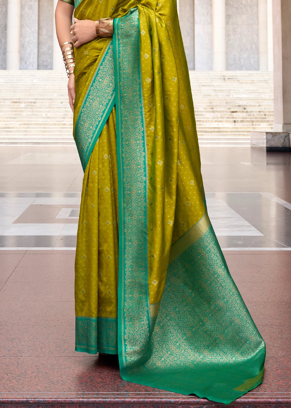 Olive Green Zari Woven Soft Silk Saree with Contrast Border