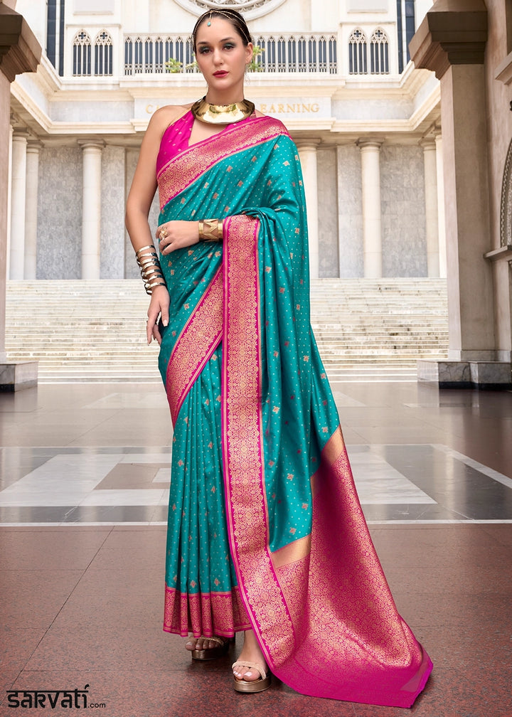 Cerulean Blue Zari Woven Soft Silk Saree with Contrast Border