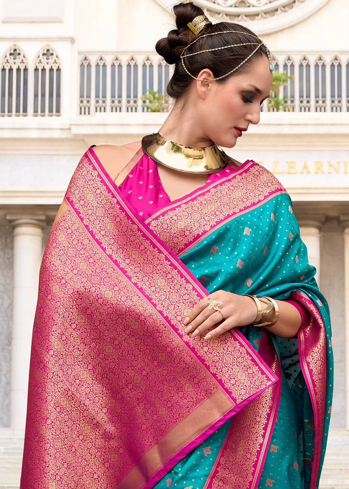 Cerulean Blue Zari Woven Soft Silk Saree with Contrast Border