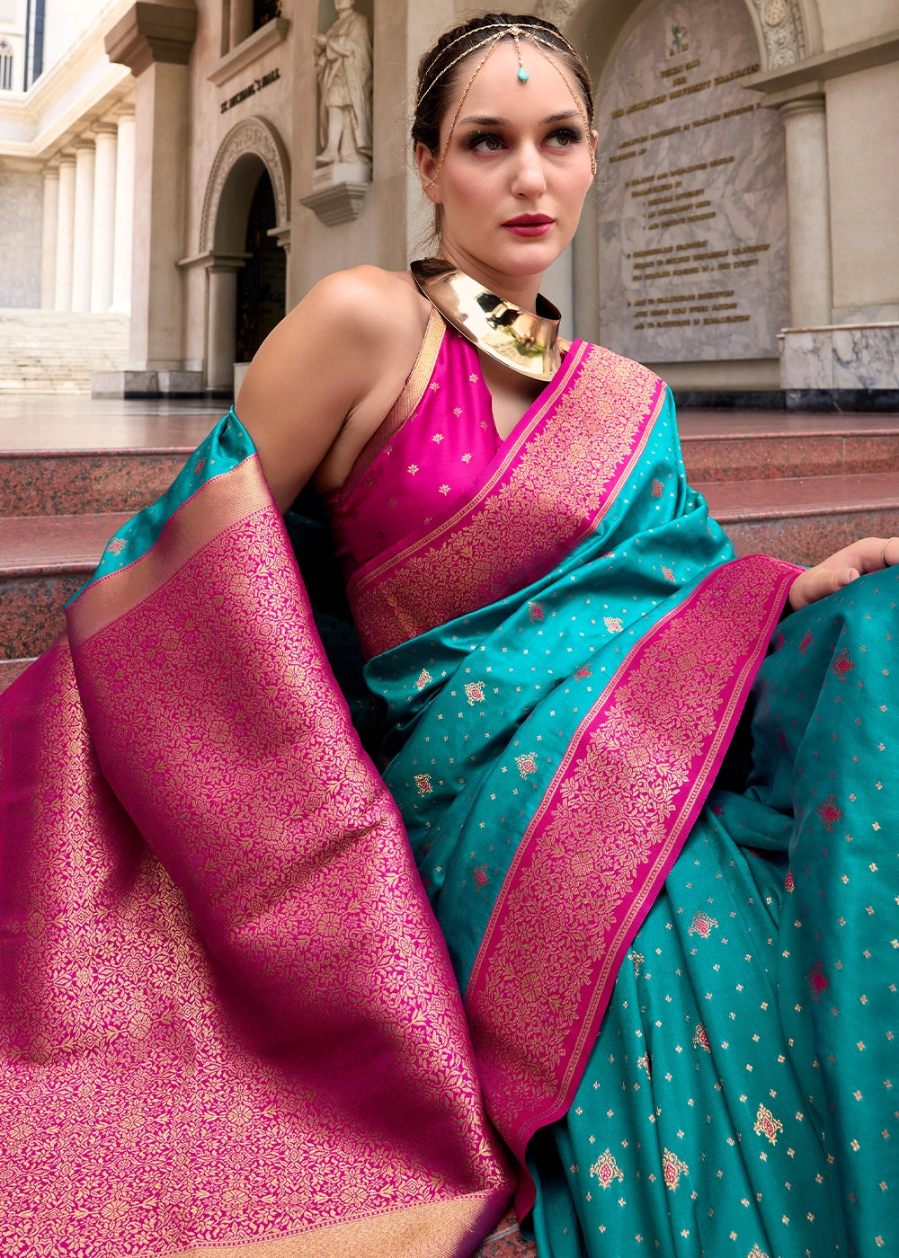 Cerulean Blue Zari Woven Soft Silk Saree with Contrast Border