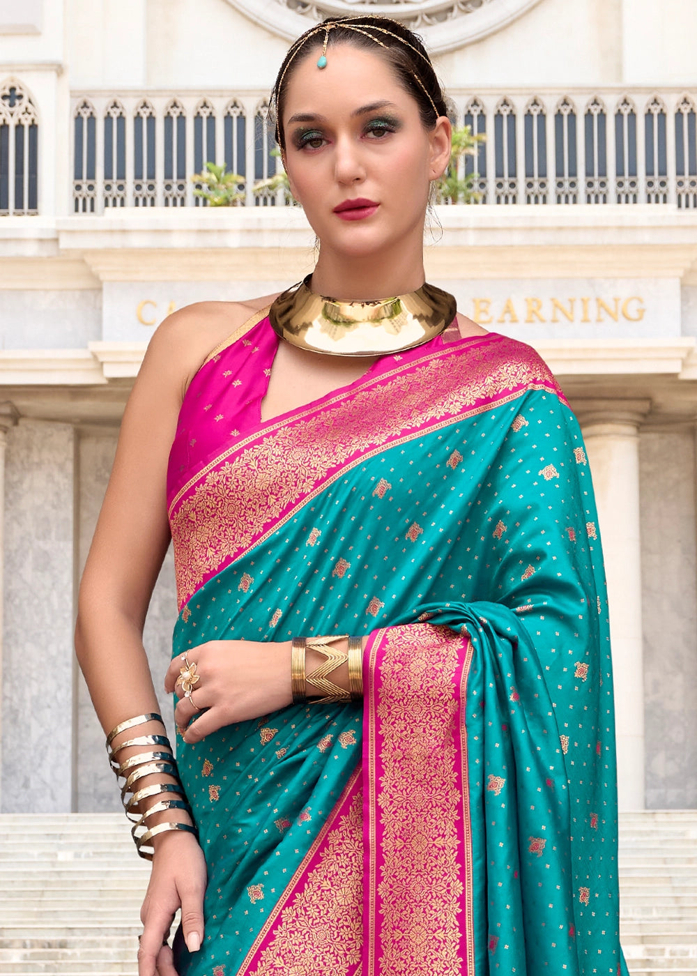 Cerulean Blue Zari Woven Soft Silk Saree with Contrast Border