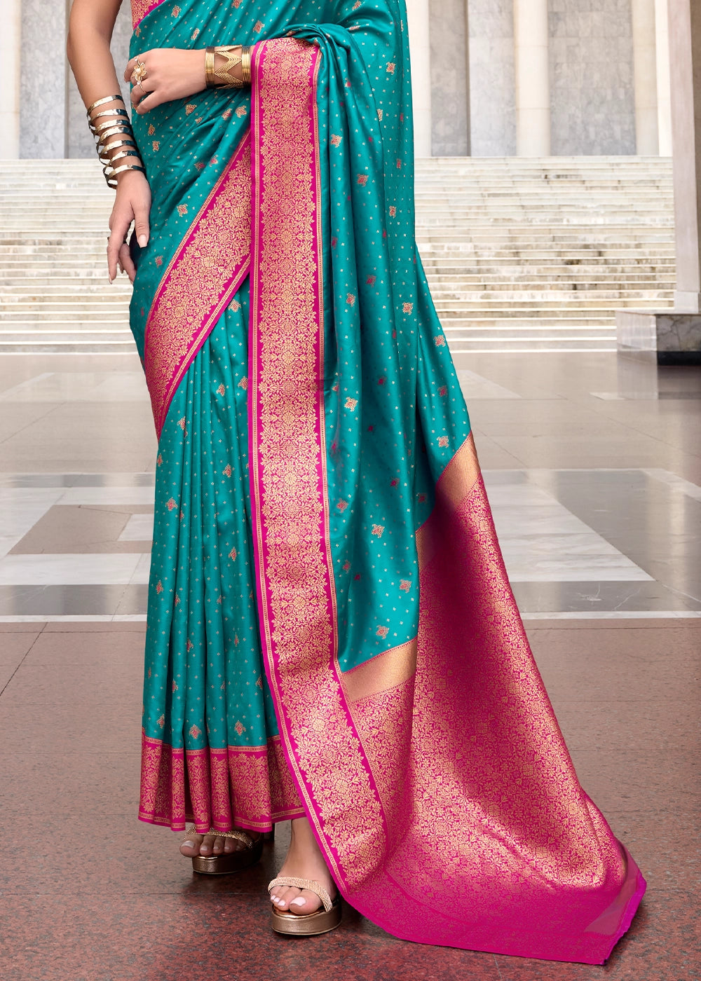 Cerulean Blue Zari Woven Soft Silk Saree with Contrast Border