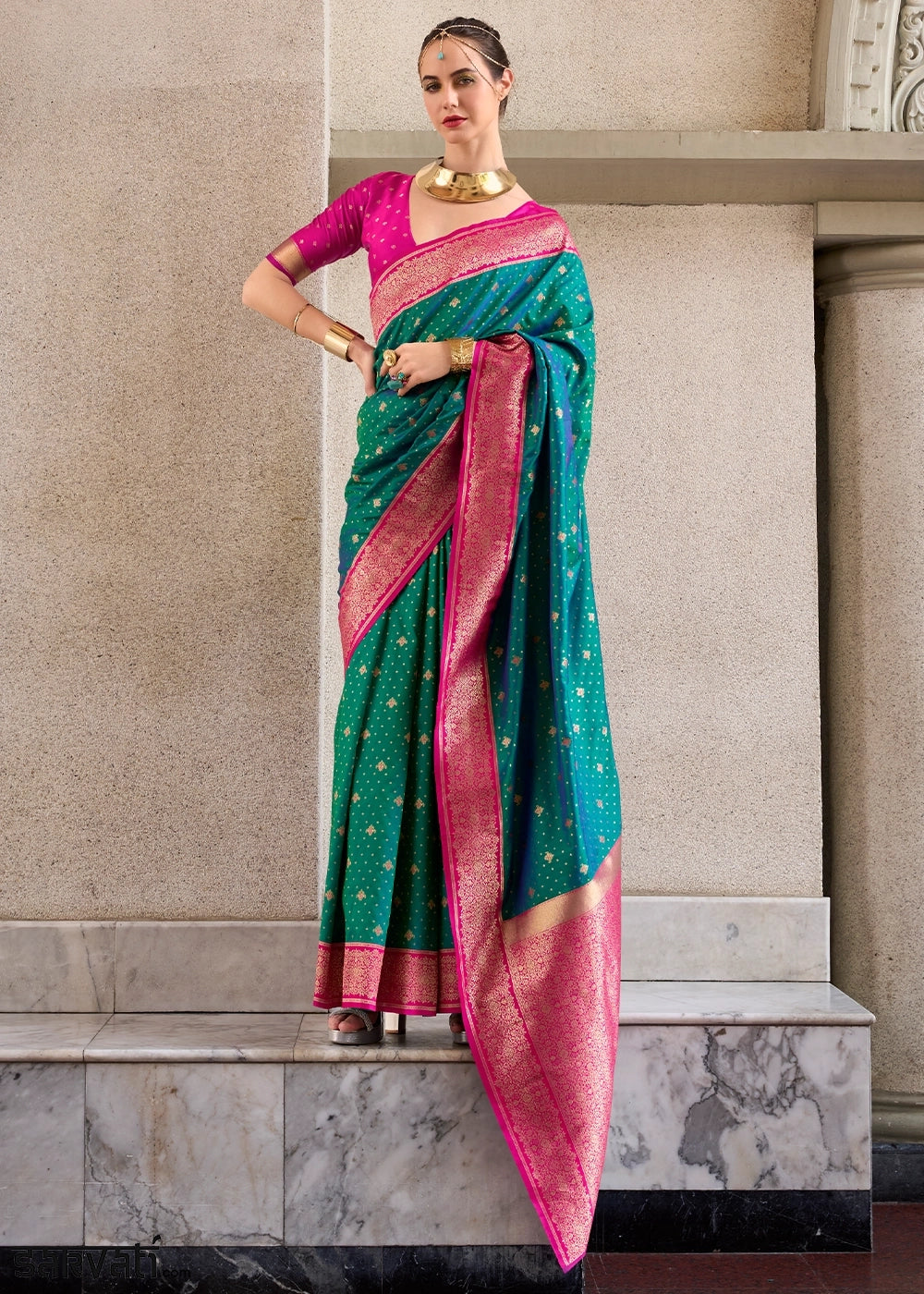 Persian Green Zari Woven Soft Silk Saree with Contrast Border