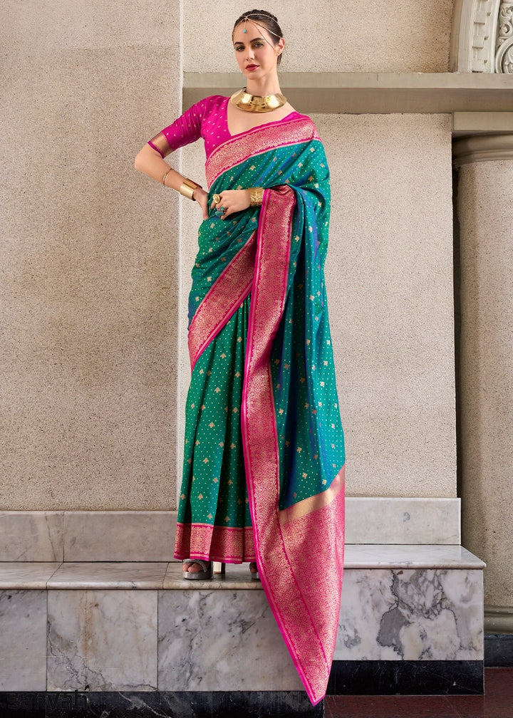Persian Green Zari Woven Soft Silk Saree with Contrast Border