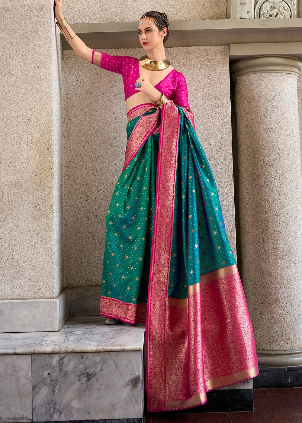 Persian Green Zari Woven Soft Silk Saree with Contrast Border