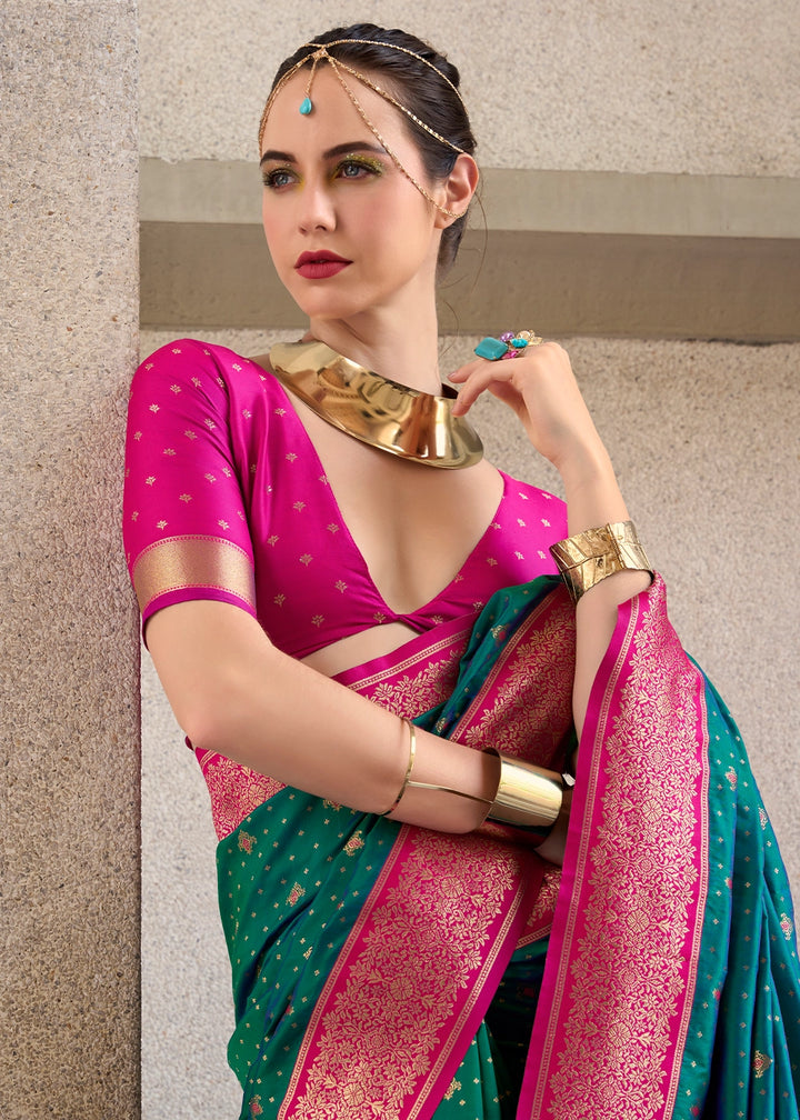 Persian Green Zari Woven Soft Silk Saree with Contrast Border