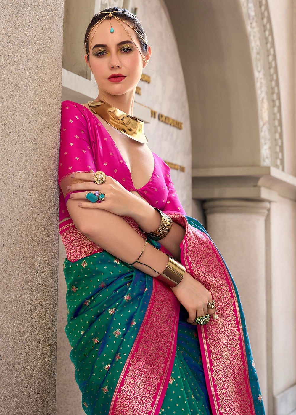 Persian Green Zari Woven Soft Silk Saree with Contrast Border