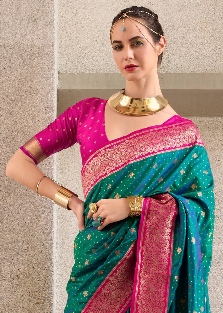 Persian Green Zari Woven Soft Silk Saree with Contrast Border