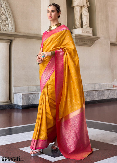 Saffron Yellow Zari Woven Soft Silk Saree with Contrast Border