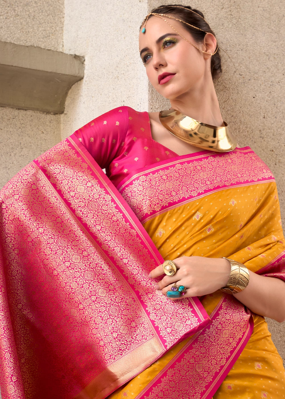 Saffron Yellow Zari Woven Soft Silk Saree with Contrast Border