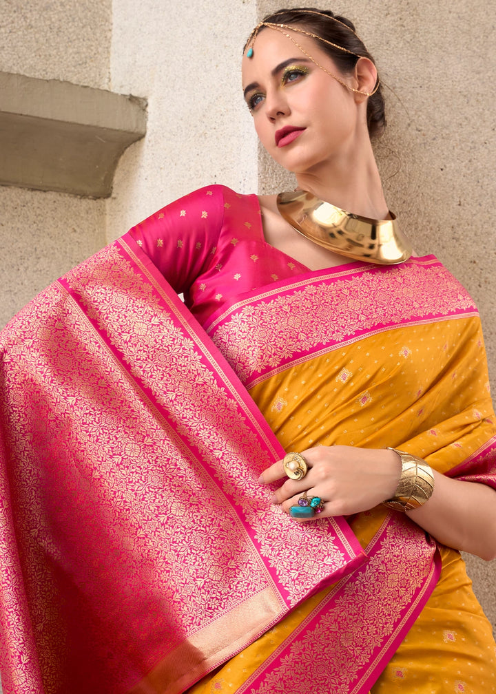 Saffron Yellow Zari Woven Soft Silk Saree with Contrast Border
