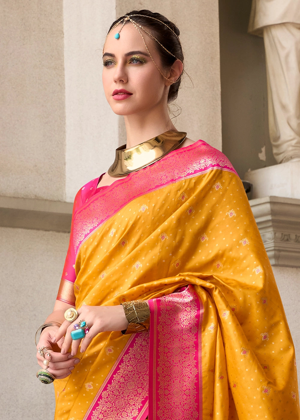 Saffron Yellow Zari Woven Soft Silk Saree with Contrast Border