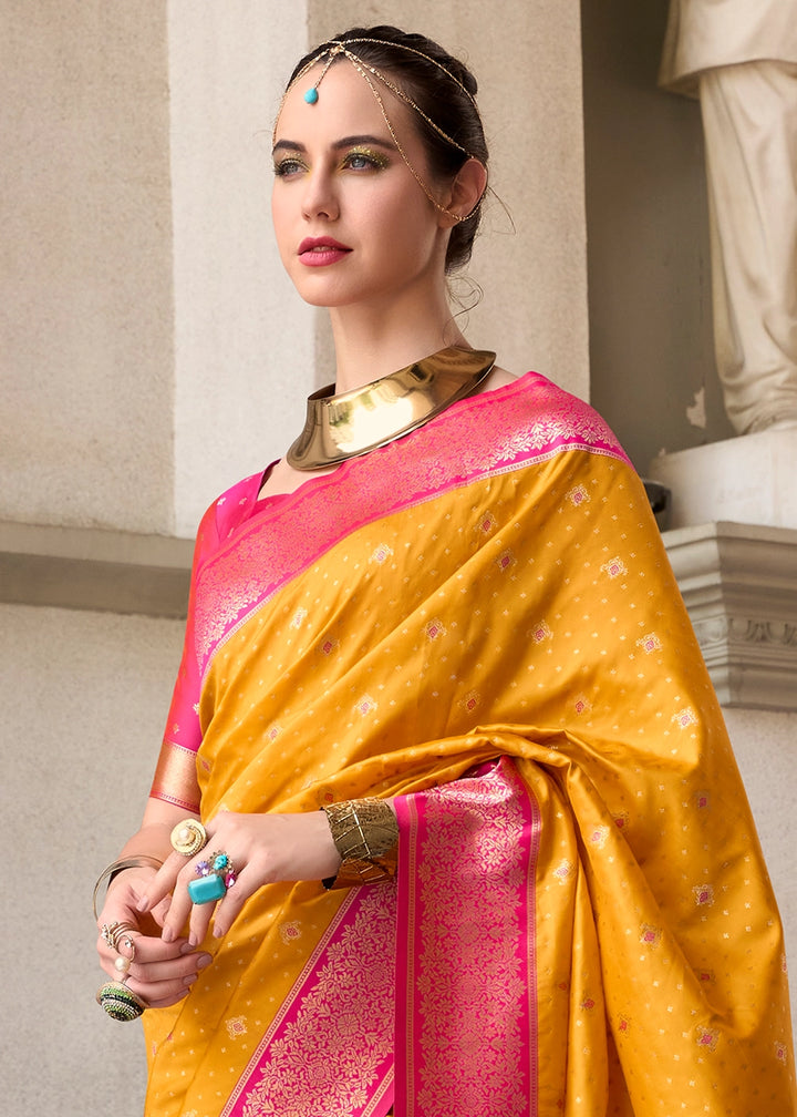 Saffron Yellow Zari Woven Soft Silk Saree with Contrast Border