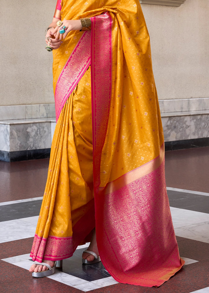 Saffron Yellow Zari Woven Soft Silk Saree with Contrast Border