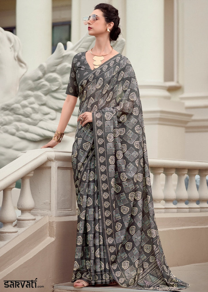 Charcoal Black Cotton Silk Saree with Contemporary Prints