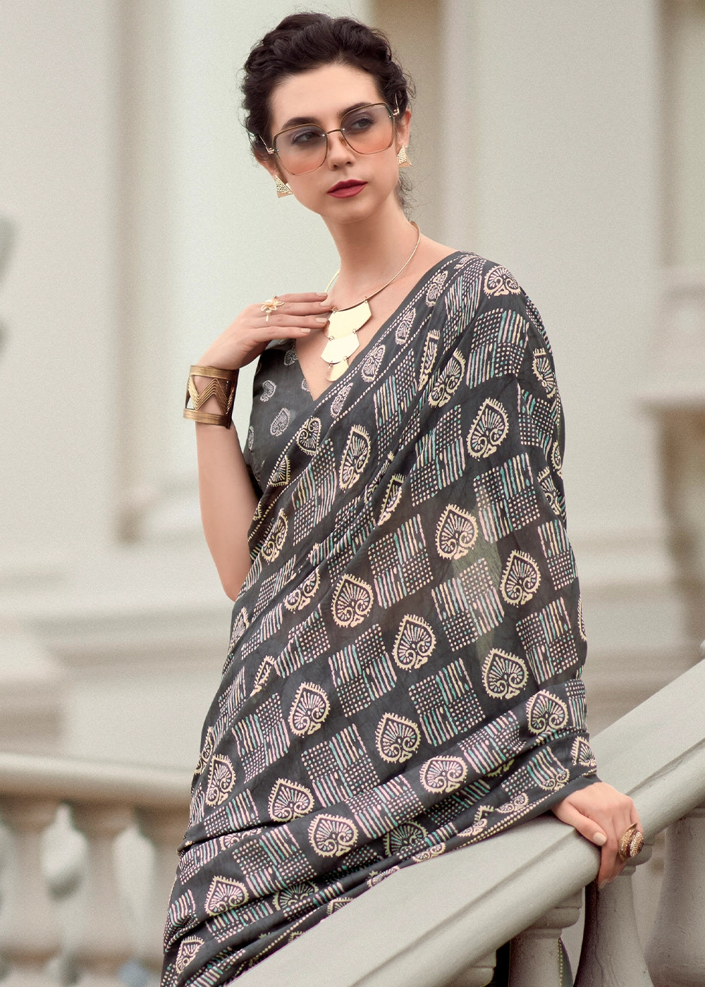 Charcoal Black Cotton Silk Saree with Contemporary Prints