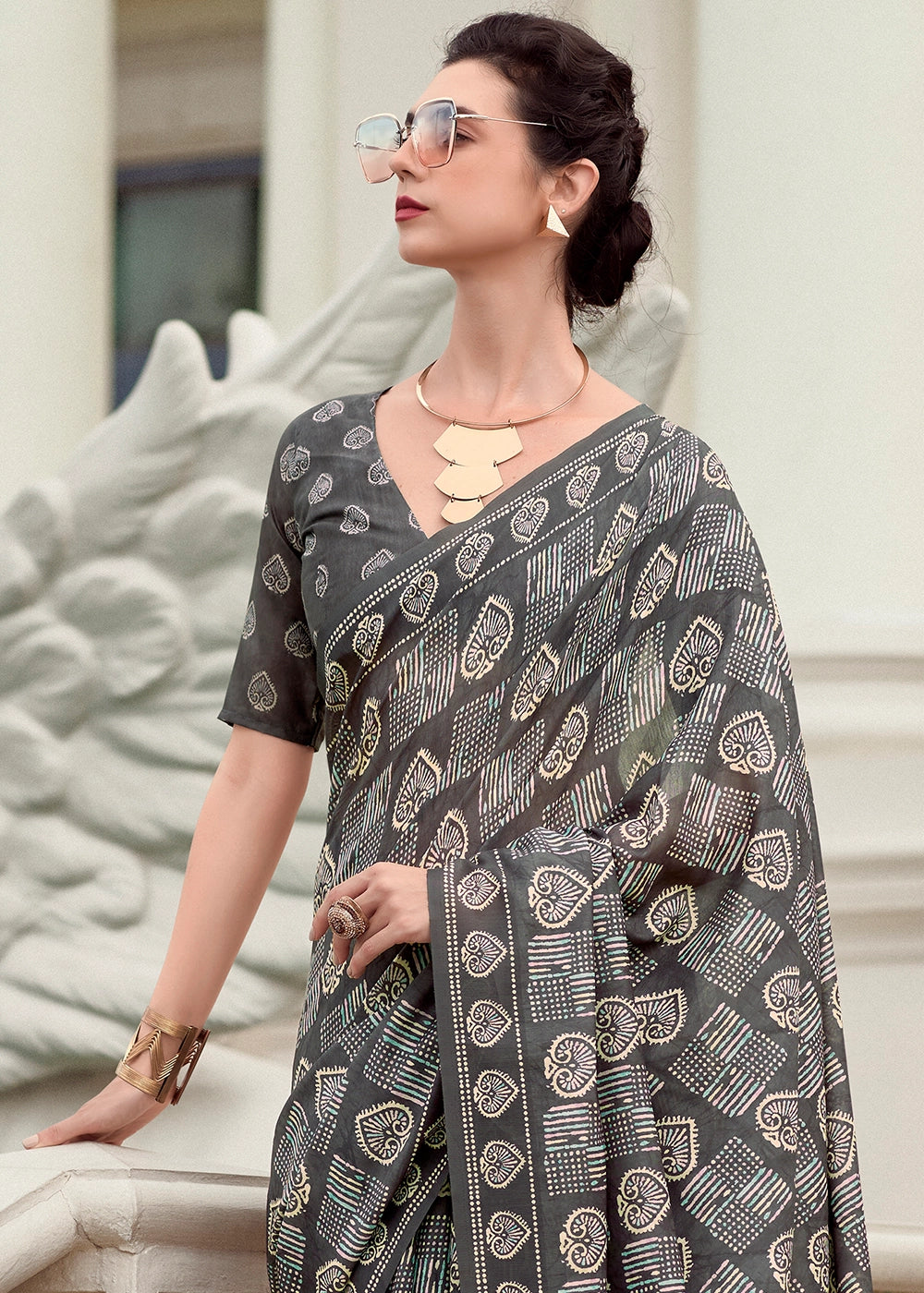 Charcoal Black Cotton Silk Saree with Contemporary Prints