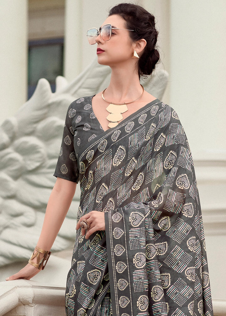 Charcoal Black Cotton Silk Saree with Contemporary Prints