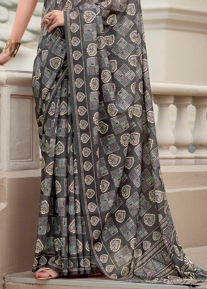 Charcoal Black Cotton Silk Saree with Contemporary Prints