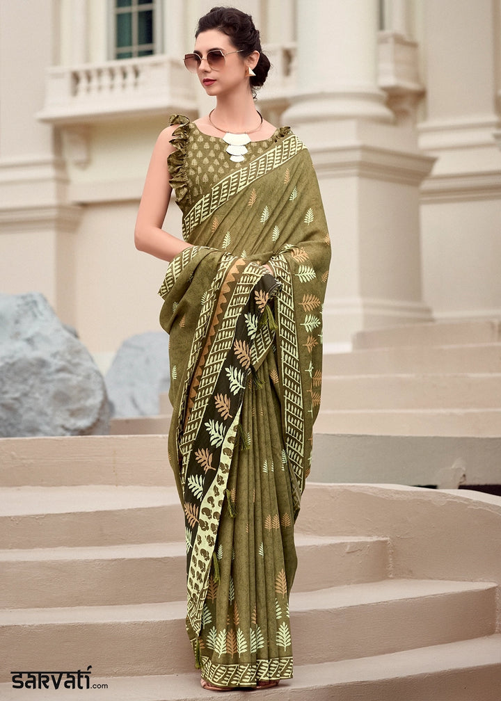 Olive Green Cotton Silk Saree with Contemporary Prints