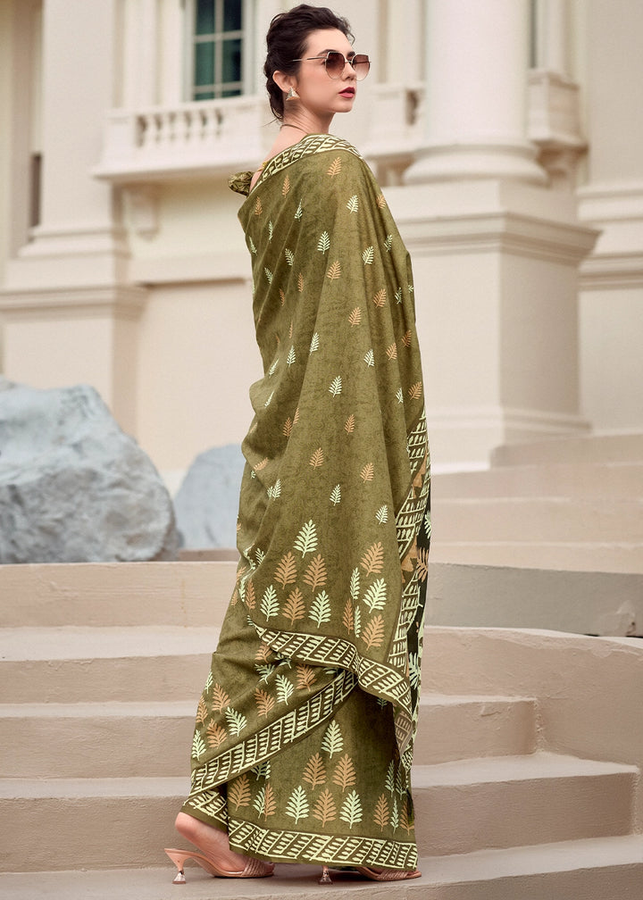 Olive Green Cotton Silk Saree with Contemporary Prints