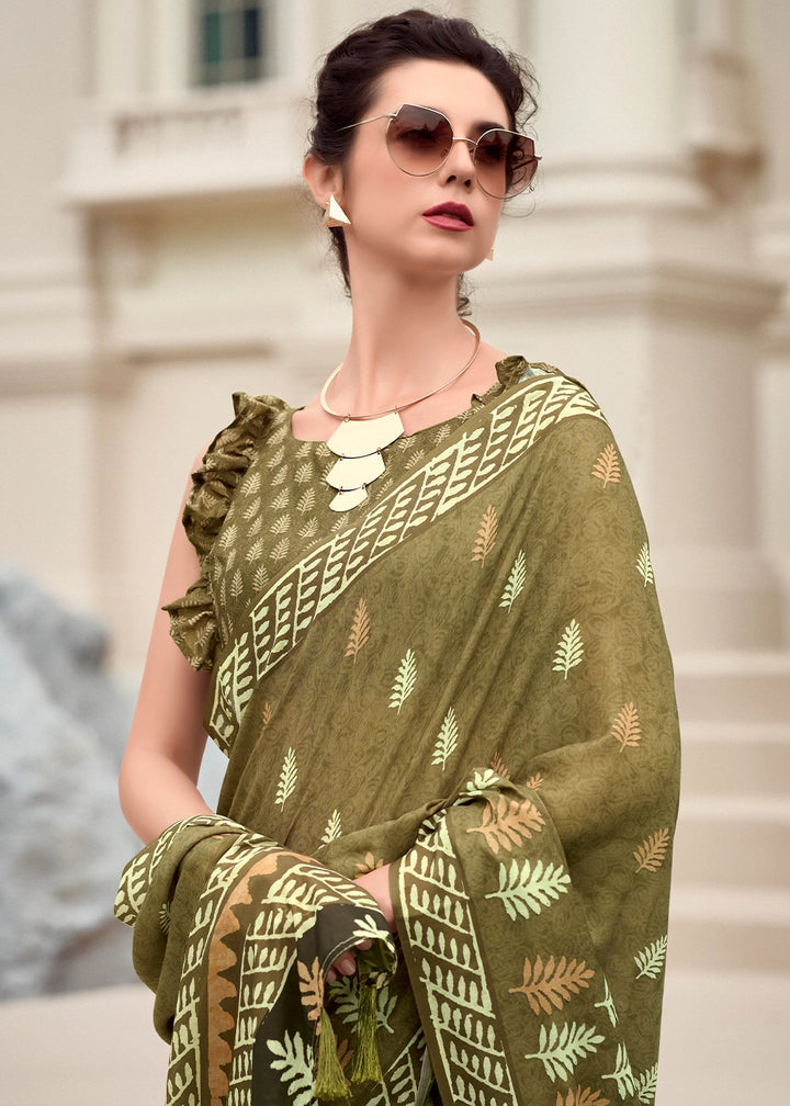 Olive Green Cotton Silk Saree with Contemporary Prints
