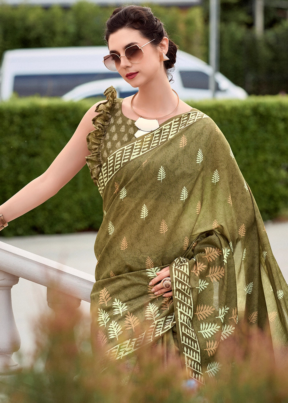Olive Green Cotton Silk Saree with Contemporary Prints