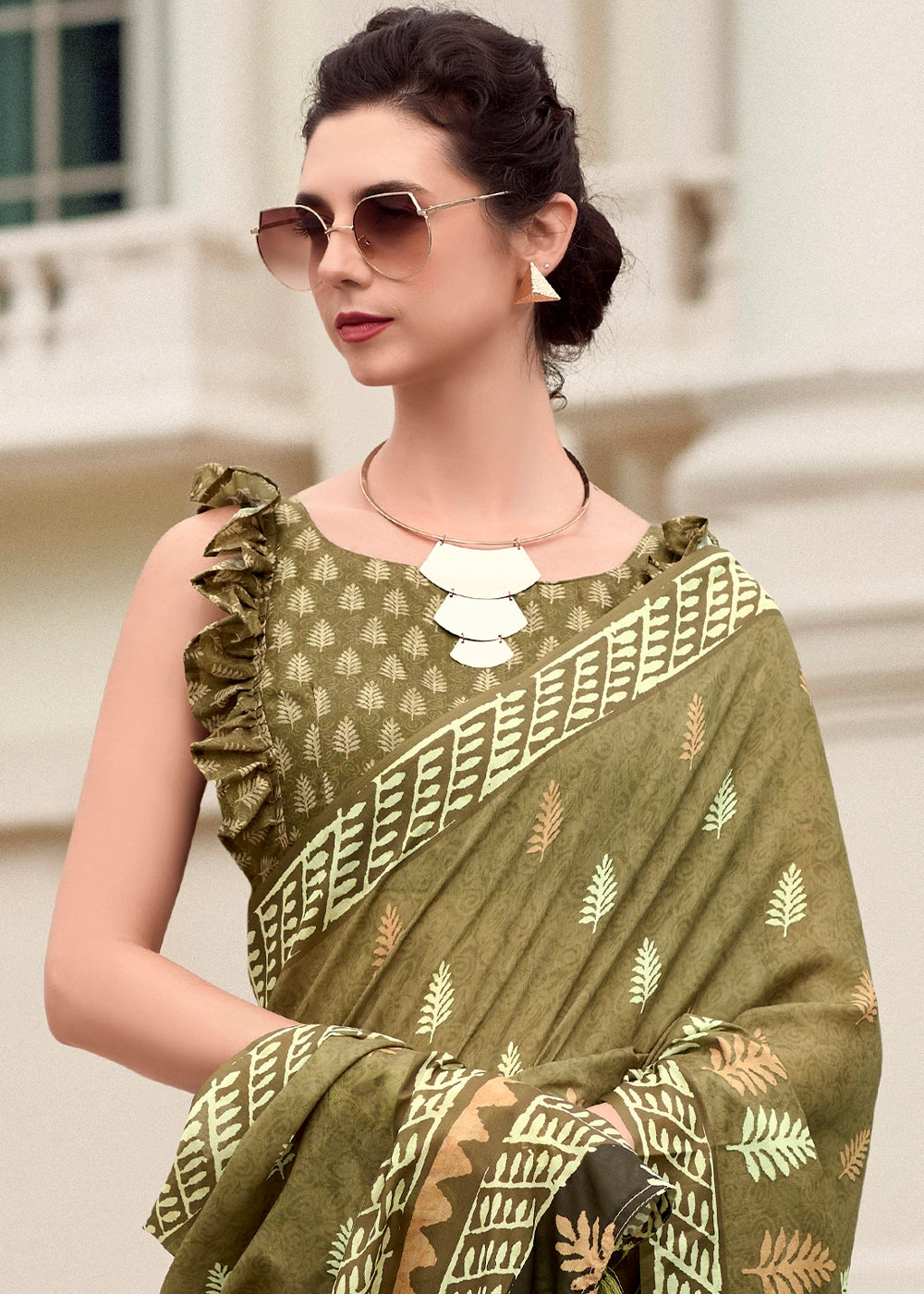 Olive Green Cotton Silk Saree with Contemporary Prints