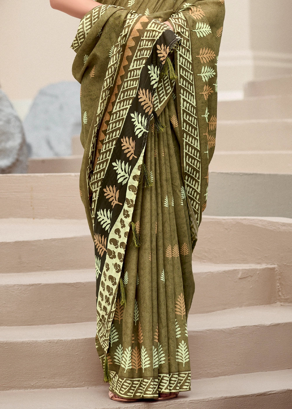 Olive Green Cotton Silk Saree with Contemporary Prints