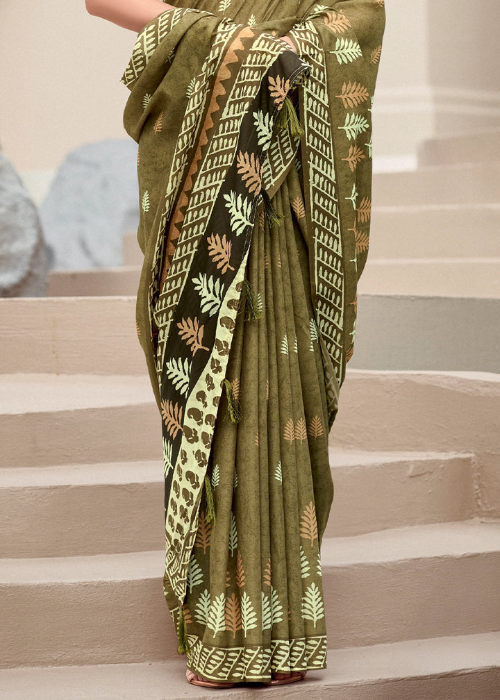 Olive Green Cotton Silk Saree with Contemporary Prints