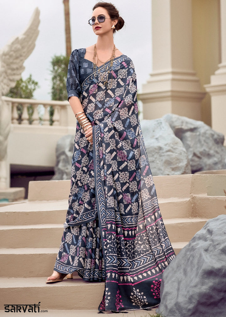 Shades Of Blue Cotton Silk Saree with Contemporary Prints