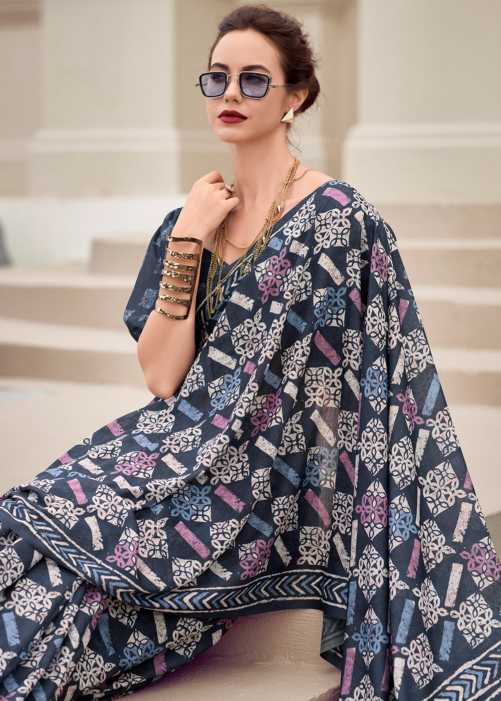 Shades Of Blue Cotton Silk Saree with Contemporary Prints