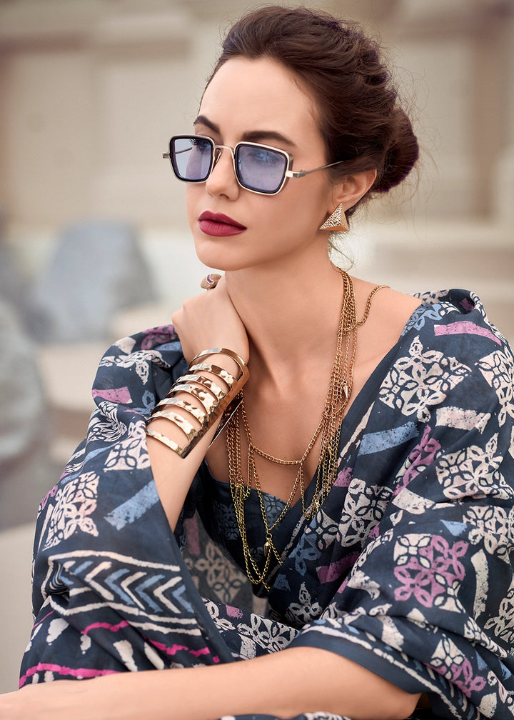 Shades Of Blue Cotton Silk Saree with Contemporary Prints