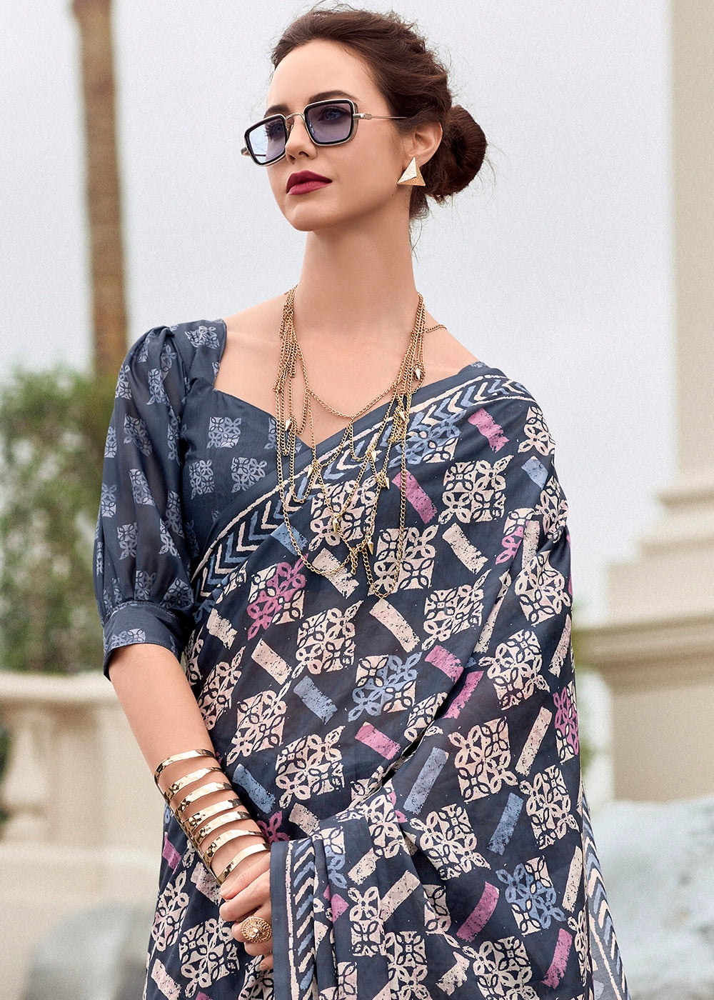 Shades Of Blue Cotton Silk Saree with Contemporary Prints