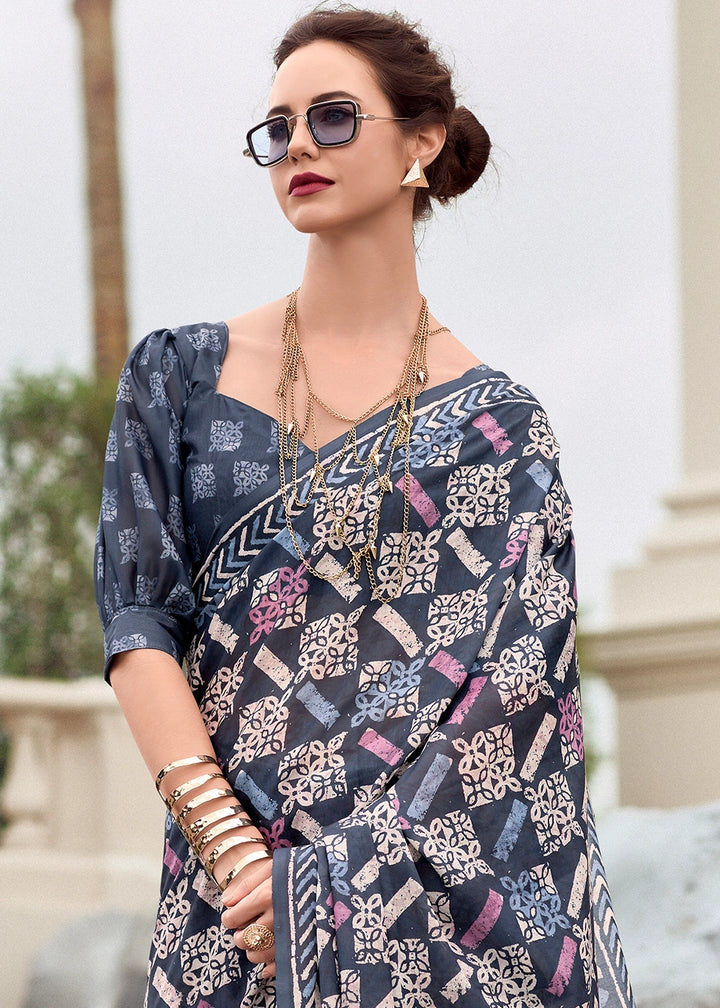 Shades Of Blue Cotton Silk Saree with Contemporary Prints