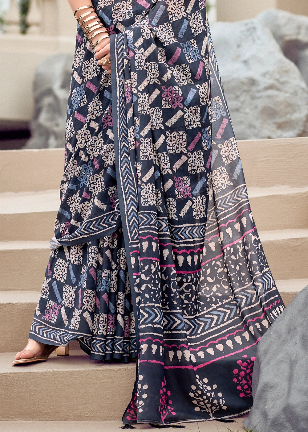 Shades Of Blue Cotton Silk Saree with Contemporary Prints
