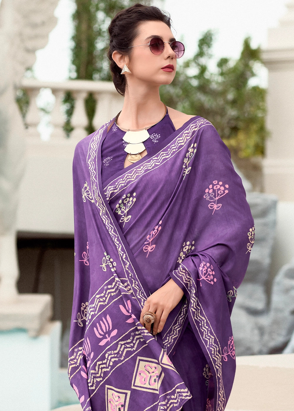 Amethyst Purple Cotton Silk Saree with Contemporary Prints