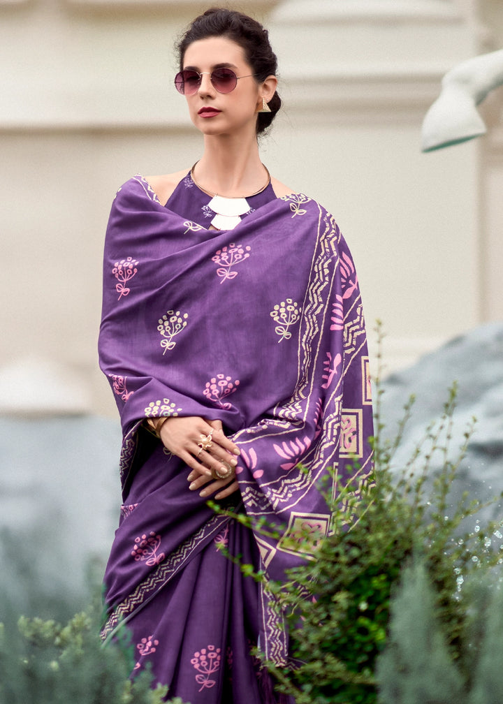 Amethyst Purple Cotton Silk Saree with Contemporary Prints