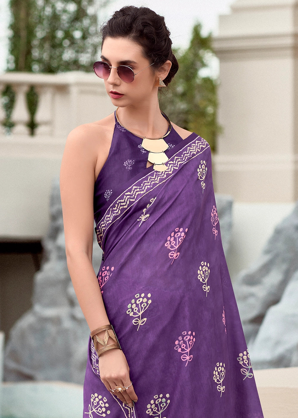 Amethyst Purple Cotton Silk Saree with Contemporary Prints