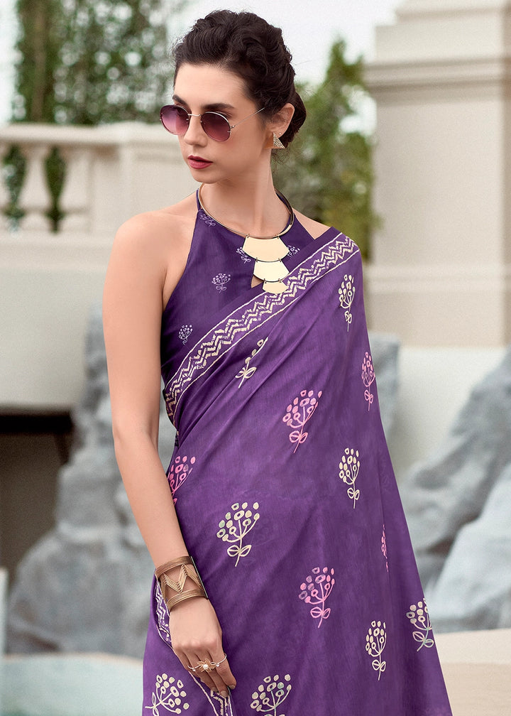 Amethyst Purple Cotton Silk Saree with Contemporary Prints