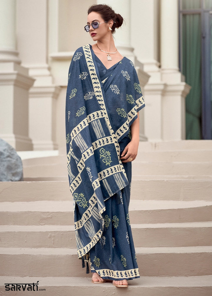 Cool Blue Cotton Silk Saree with Contemporary Prints