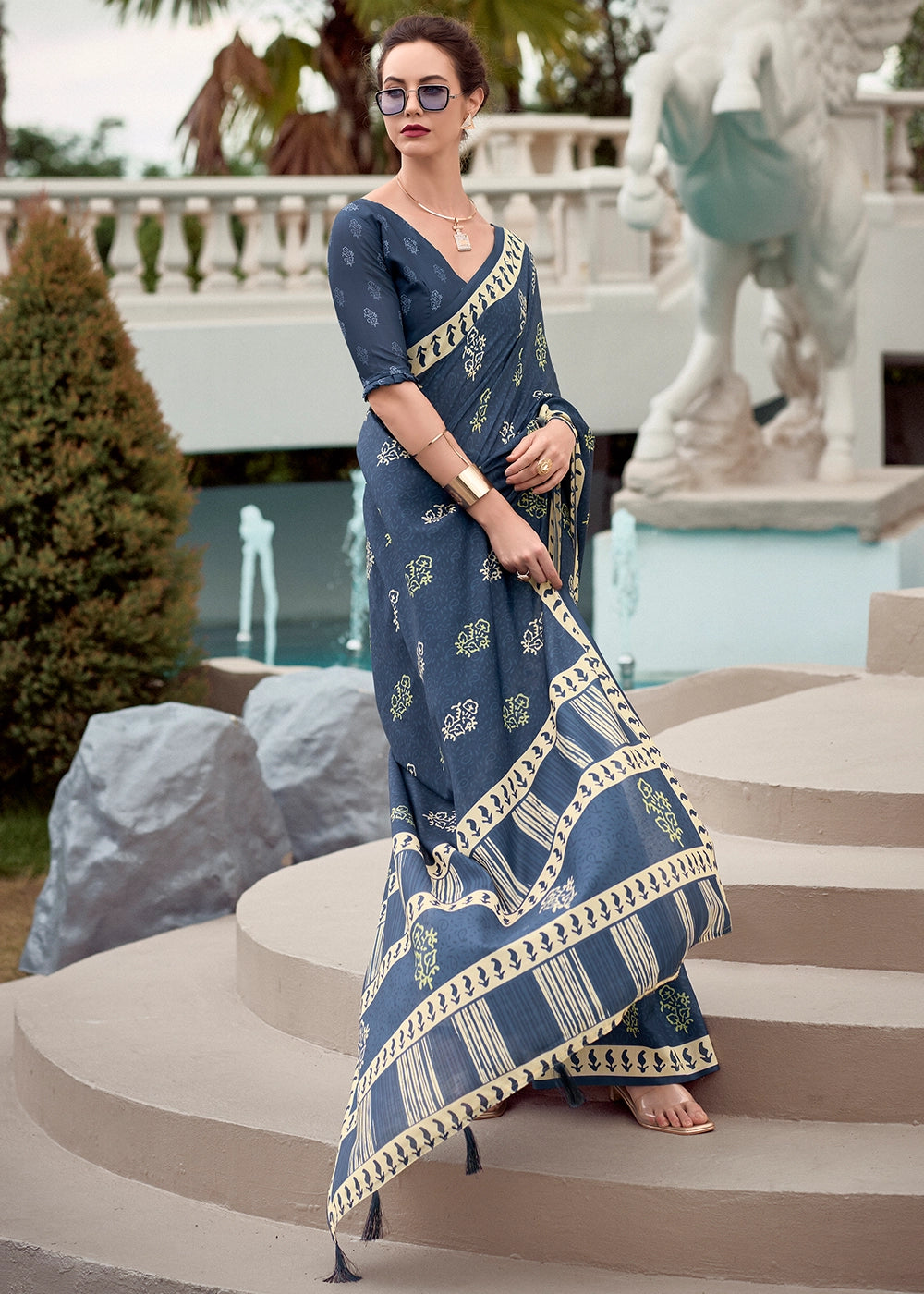 Cool Blue Cotton Silk Saree with Contemporary Prints