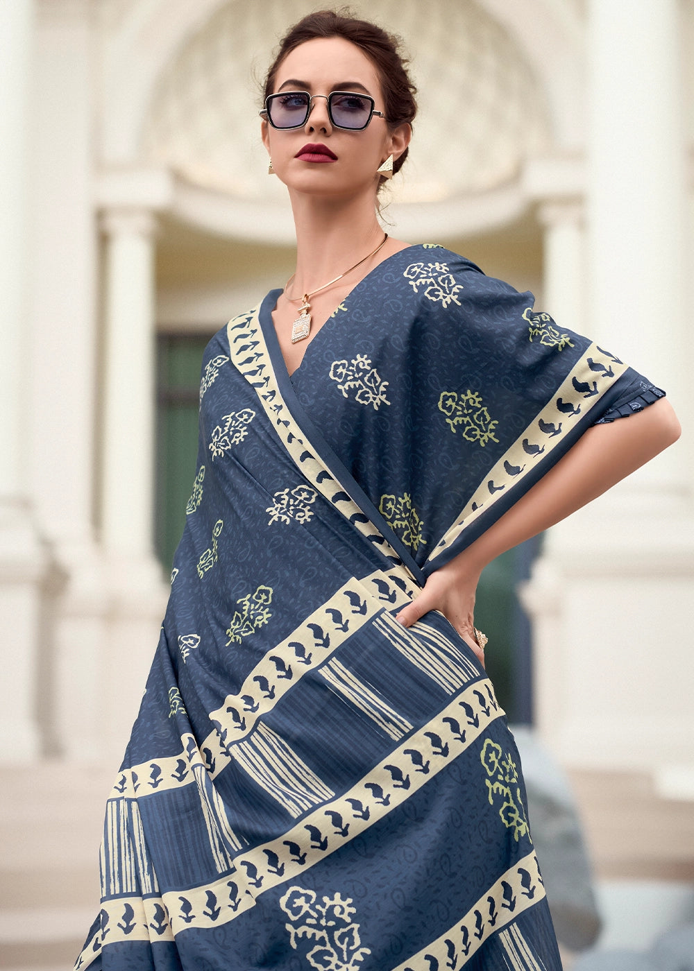 Cool Blue Cotton Silk Saree with Contemporary Prints